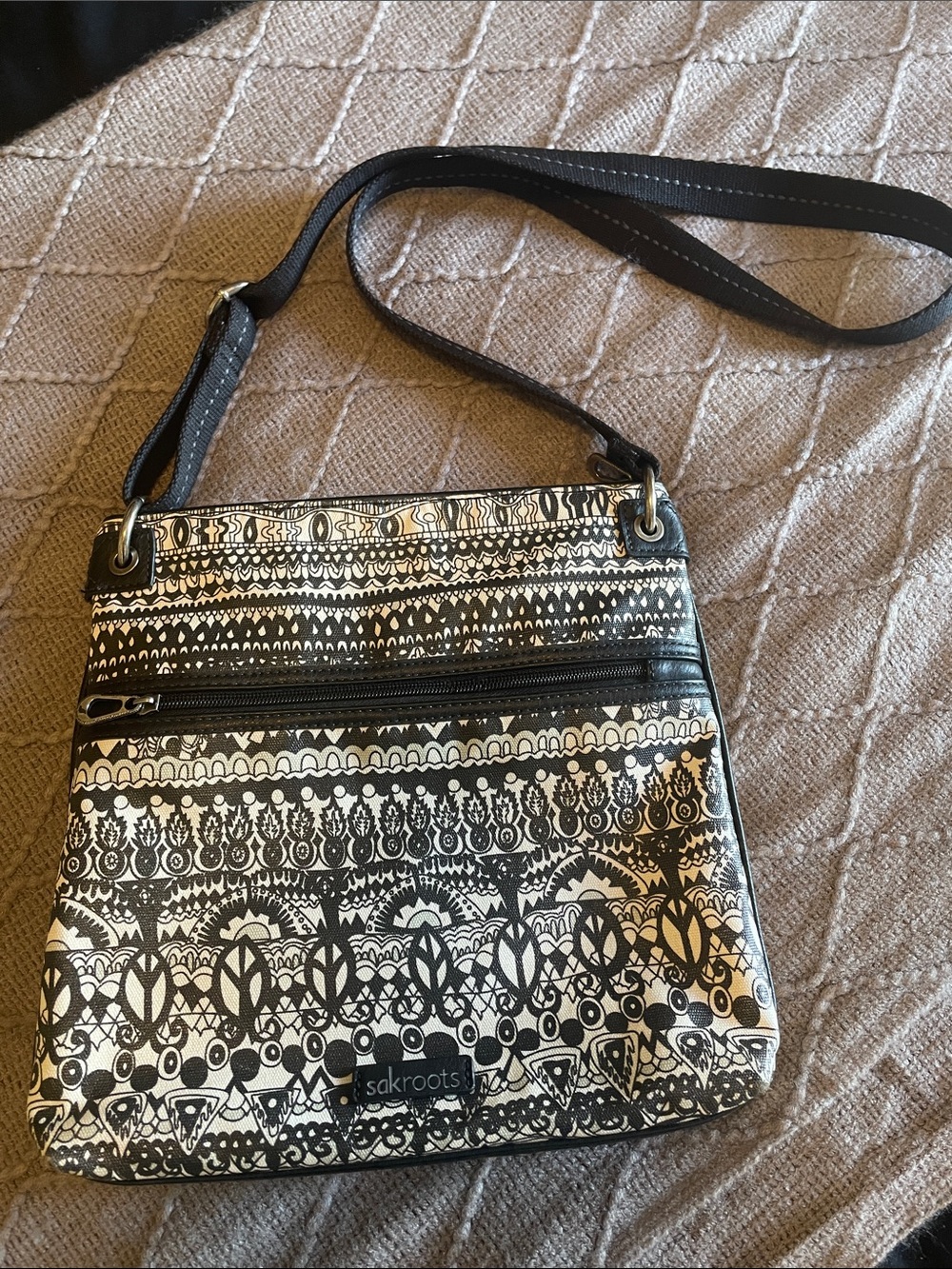 Sakroots Black & Cream Tribal Print Crossbody Bag